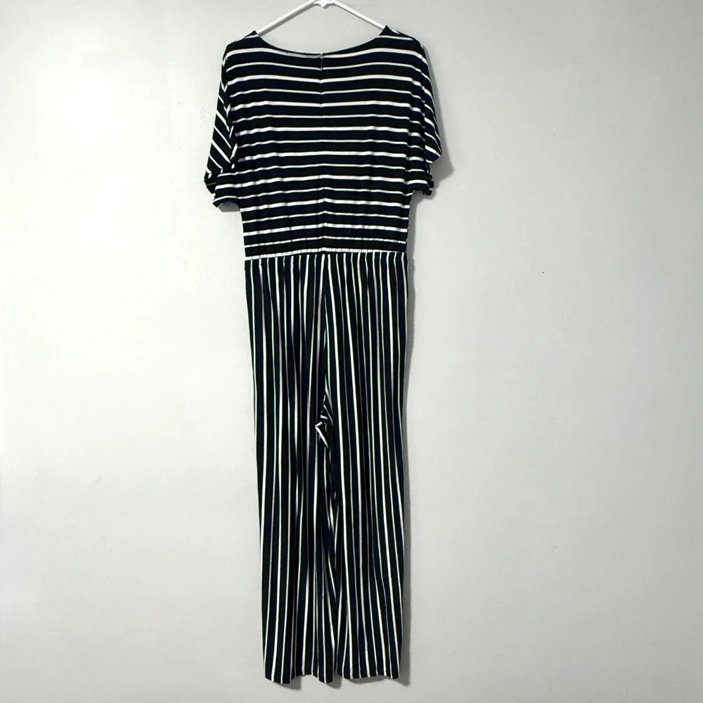 Chico's Striped Jumpsuit Wide Leg Maxi Navy White Knit Striped Casual Size‎ 1=M